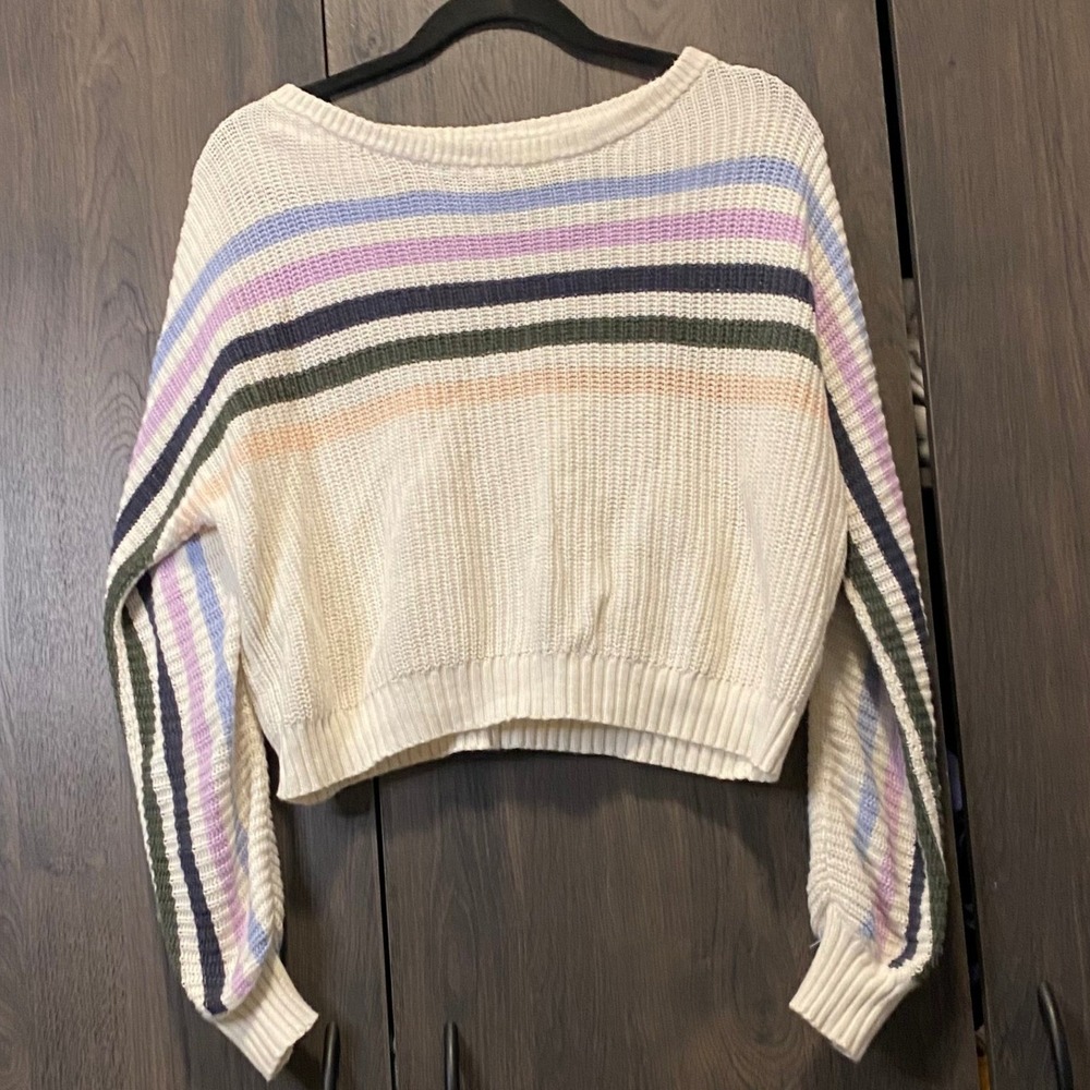 Lumiere Womens Cropped Striped Knit Sweater Cream Multi‎ Color Size Large